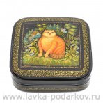 Лаковая миниатюра шкатулка "Кот" Палех