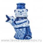 Чайник "Кот-повар с рыбой". Гжель