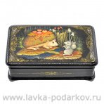Лаковая миниатюра шкатулка "Еж и мышка" Палех